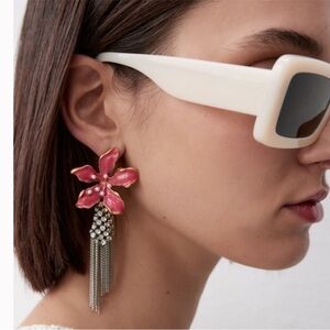 ZARA Tropical Pink Flower Earrings with Silver Tassels